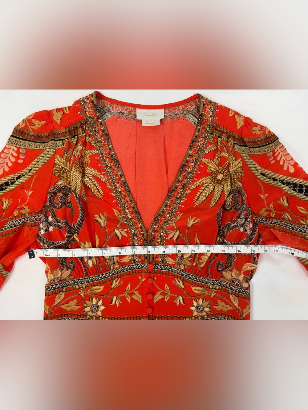 Camilla Orange Red Silk Floral Deep-V Maxi Dress - Picture 10 of 10